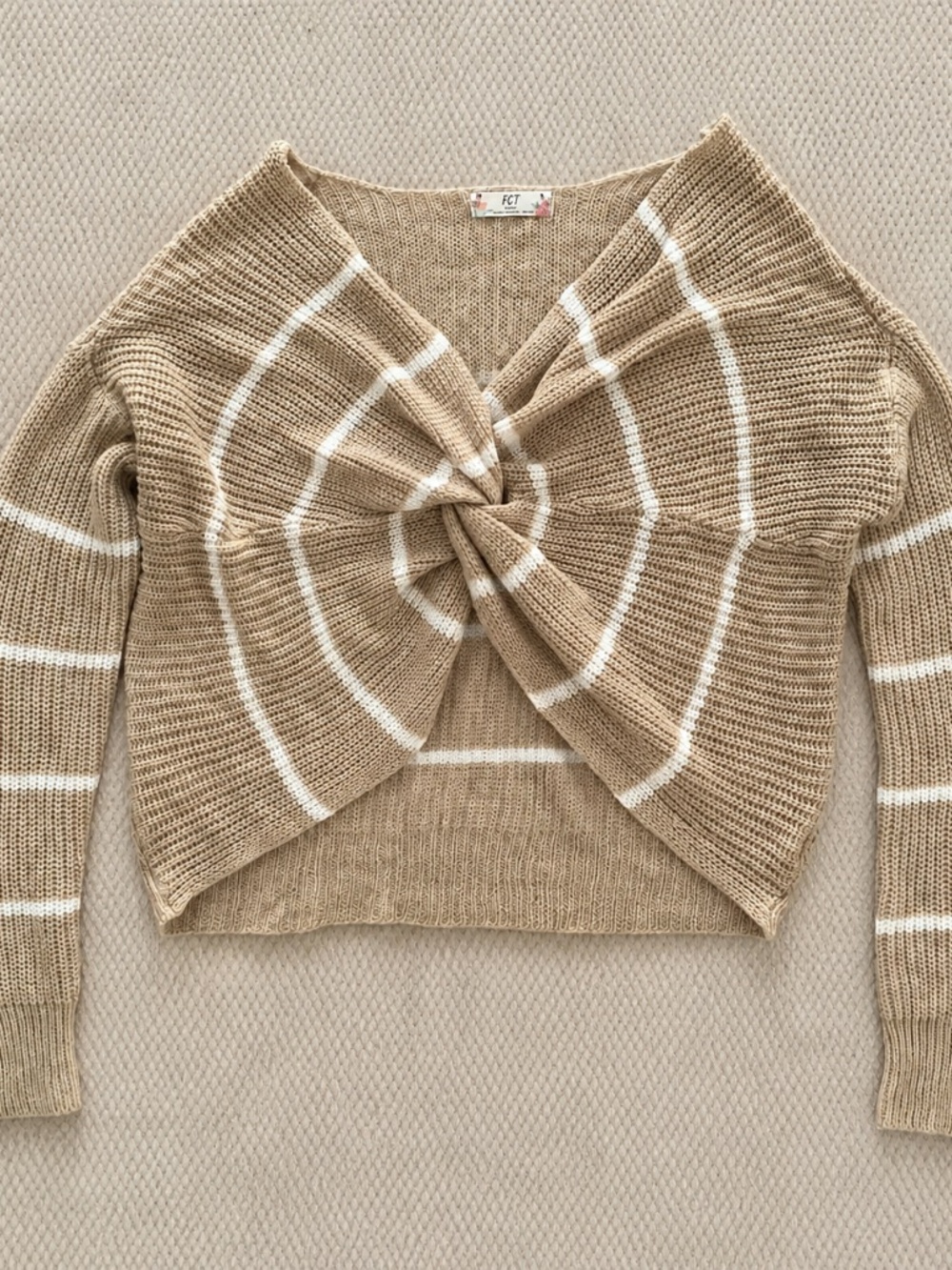 FCT Full Circle Trends With Love L Tan Ivory Striped Twist Front Cropped Sweater
